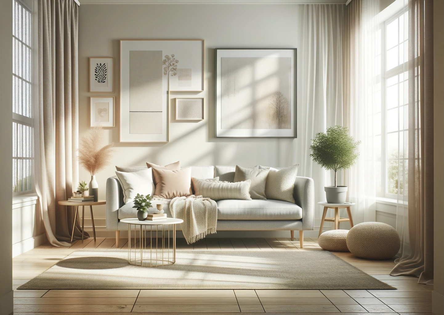 Stylish and serene Scandinavian-style living room with soft natural light, featuring a minimalist sofa, plush rug, and decorative wall art, ideal for a modern home decoration blog.